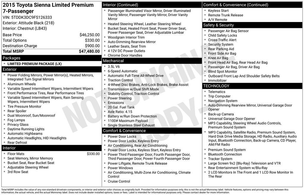 2015 Toyota Sienna Limited Premium 7 Passenger
