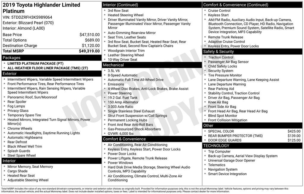 2019 Toyota Highlander Limited Platinum