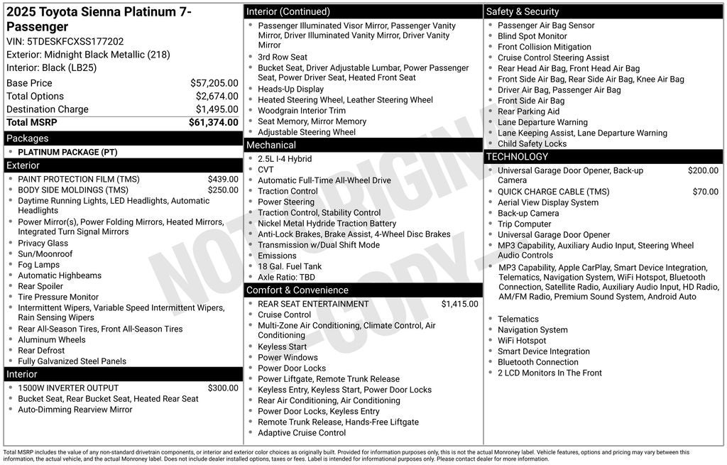 2025 Toyota Sienna Platinum 7 Passenger