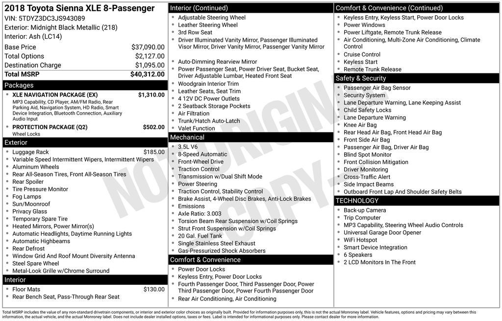 2018 Toyota Sienna XLE 8 Passenger